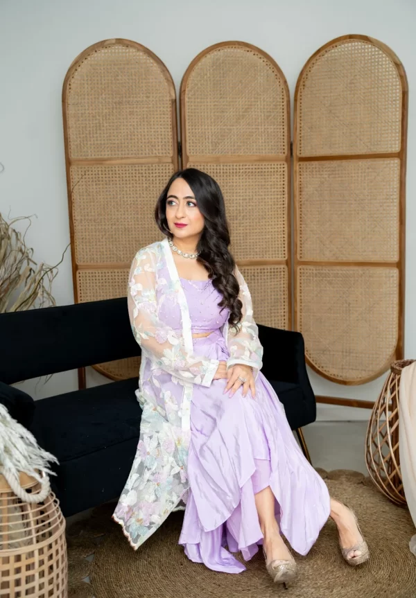 Lavender matching dhoti skirt and net base embroidered jacket. - Image 3